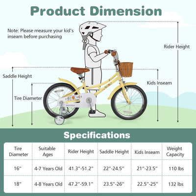 18 Inch Kids Bike Adjustable Bicycle with Reflectors and Bell for Children 4-8 Years Old-18 inches