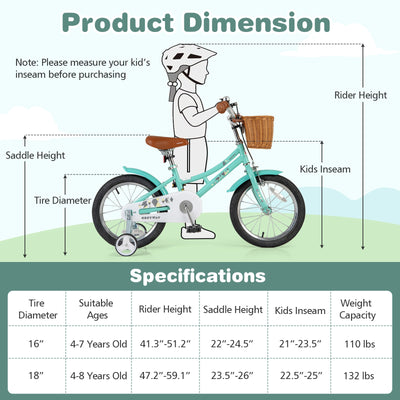 16 Inch Kids Bike Bicycle with Training Wheels and 2 Brake System Ages 4-7 Years Old-16 inches