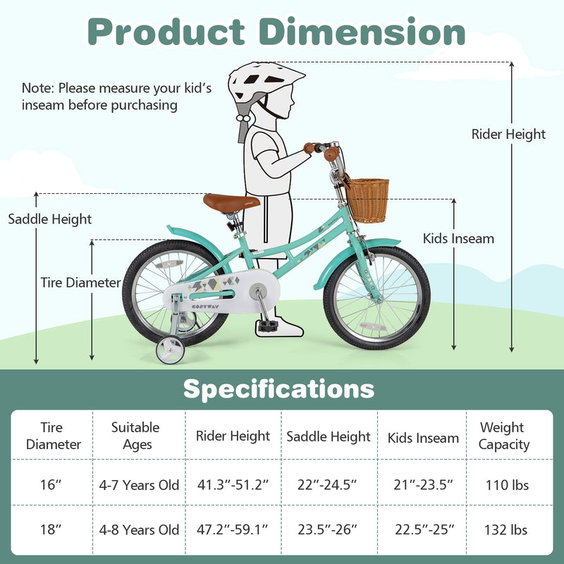 18 Inch Kids Bike Bicycle with Training Wheels and 2 Brake System Ages 4-8 Years Old-18 inches