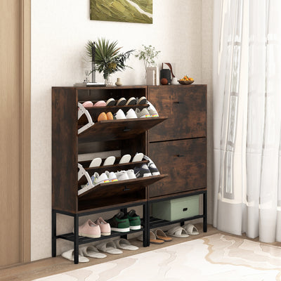 Industrial Shoe Storage Cabinet with 2 Flip Drawers and 1 Bottom Metal Shelf-Brown