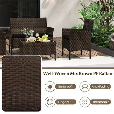 4 Piece Patio Rattan Conversation Set with Cozy Seat Cushions-Black