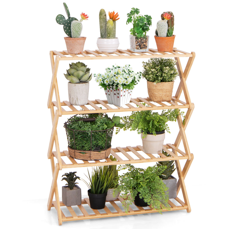 4-Tier Foldable Bamboo Shoe Rack with Slatted Shelves-Natural