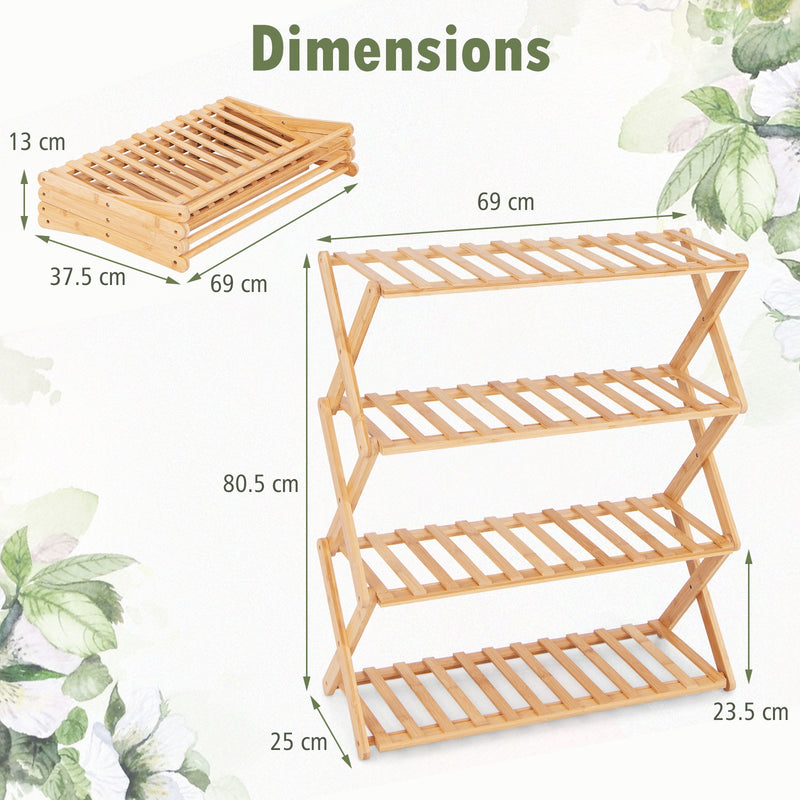 4-Tier Foldable Bamboo Shoe Rack with Slatted Shelves-Natural