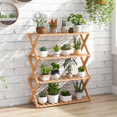 4-Tier Foldable Bamboo Shoe Rack with Slatted Shelves-Natural