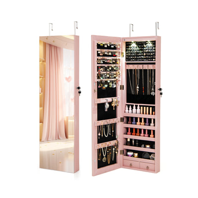 Wall and Door Mounted Mirrored Jewelry Cabinet with Lights-Pink