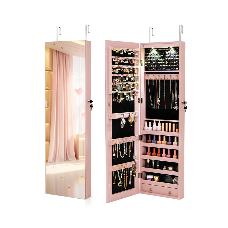 Wall and Door Mounted Mirrored Jewelry Cabinet with Lights-Pink