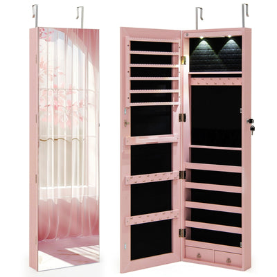 Wall and Door Mounted Mirrored Jewelry Cabinet with Lights-Pink