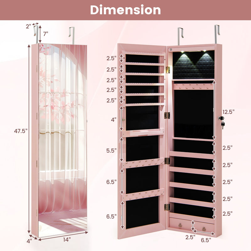 Wall and Door Mounted Mirrored Jewelry Cabinet with Lights-Pink