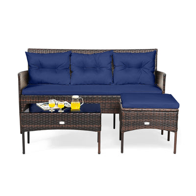 3 Pieces Patio Furniture Sectional Set with 5 Cozy Cushions-Navy