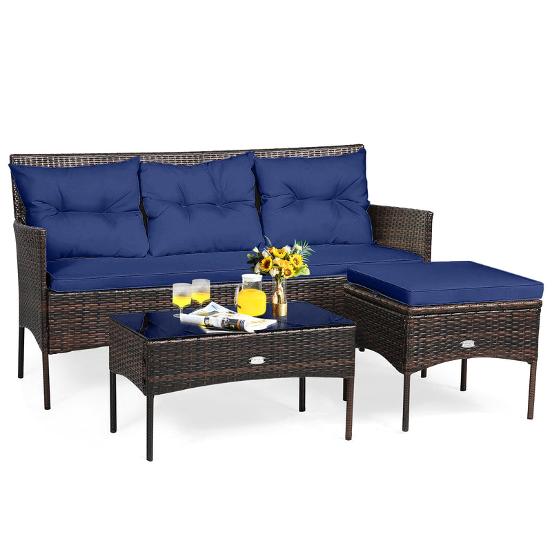 3 Pieces Patio Furniture Sectional Set with 5 Cozy Cushions-Navy