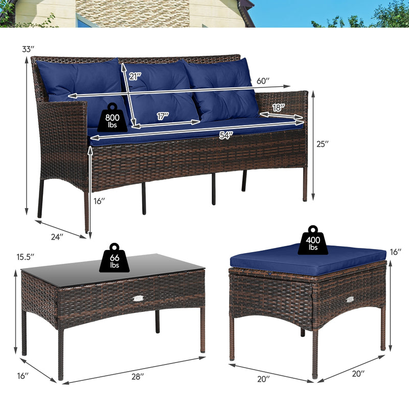 3 Pieces Patio Furniture Sectional Set with 5 Cozy Cushions-Navy