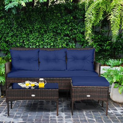 3 Pieces Patio Furniture Sectional Set with 5 Cozy Cushions-Navy