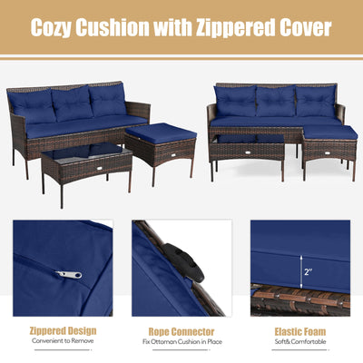 3 Pieces Patio Furniture Sectional Set with 5 Cozy Cushions-Navy