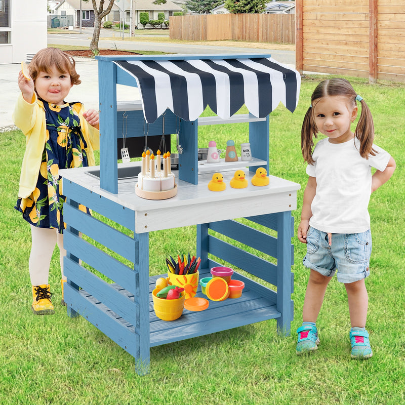 Double-sided Wooden Play Kitchen and Grocery Stand with Stoves for Kids 3+ Years Old