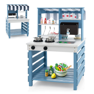 Double-sided Wooden Play Kitchen and Grocery Stand with Stoves for Kids 3+ Years Old