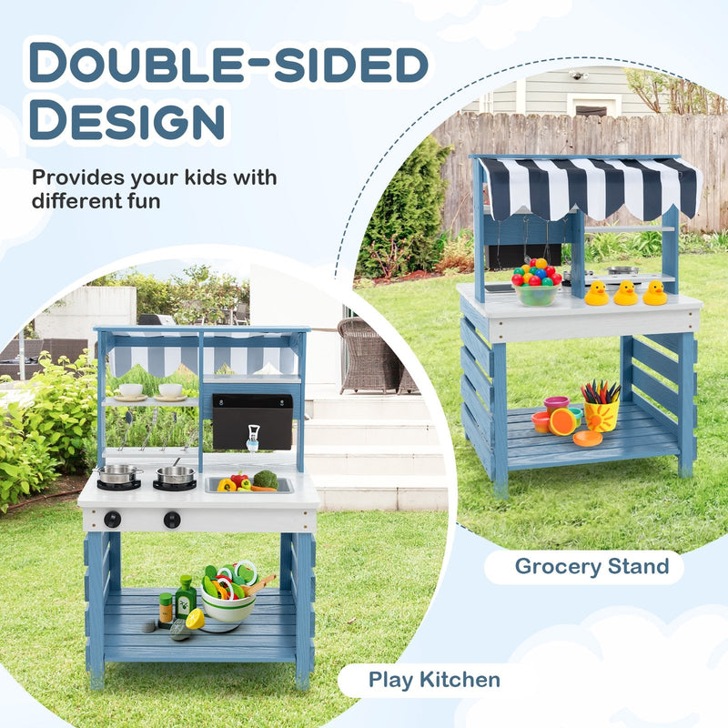 Double-sided Wooden Play Kitchen and Grocery Stand with Stoves for Kids 3+ Years Old