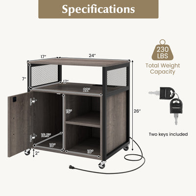 File Cabinet on Wheels with Charging Station and Cable Management Hole-Gray