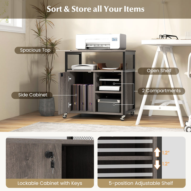 File Cabinet on Wheels with Charging Station and Cable Management Hole-Gray