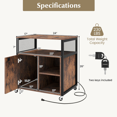 File Cabinet on Wheels with Charging Station and Cable Management Hole-Brown