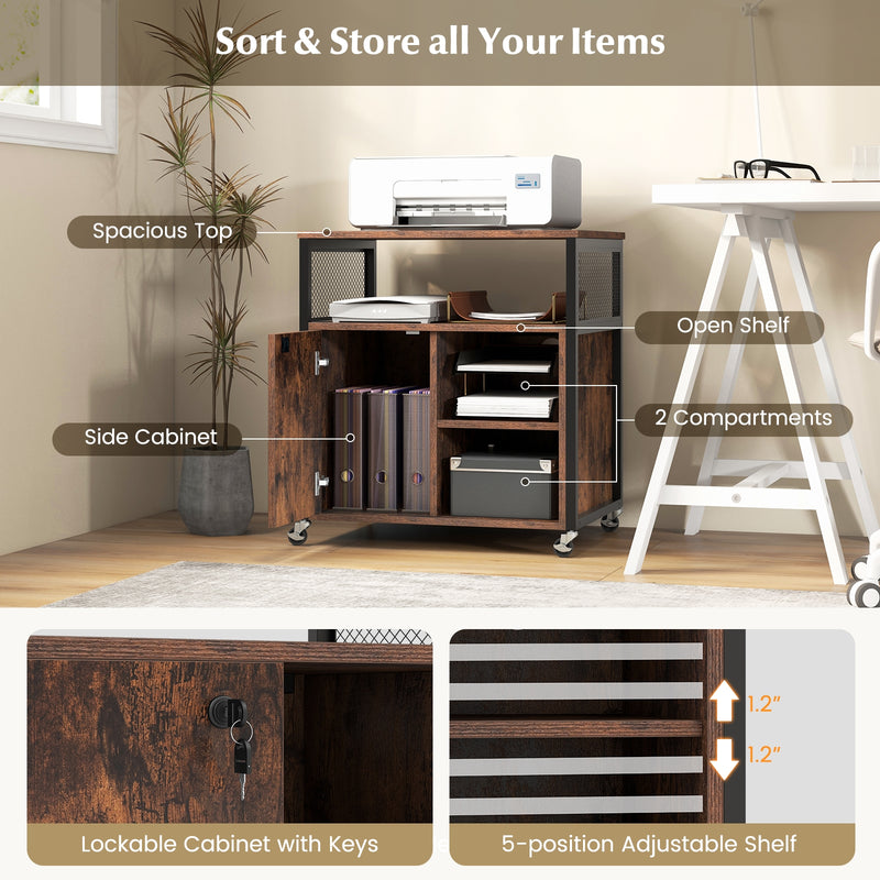 File Cabinet on Wheels with Charging Station and Cable Management Hole-Brown