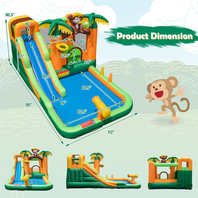 Monkey-Themed Inflatable Water Slide with Jumping Area and Pool with 680W Blower