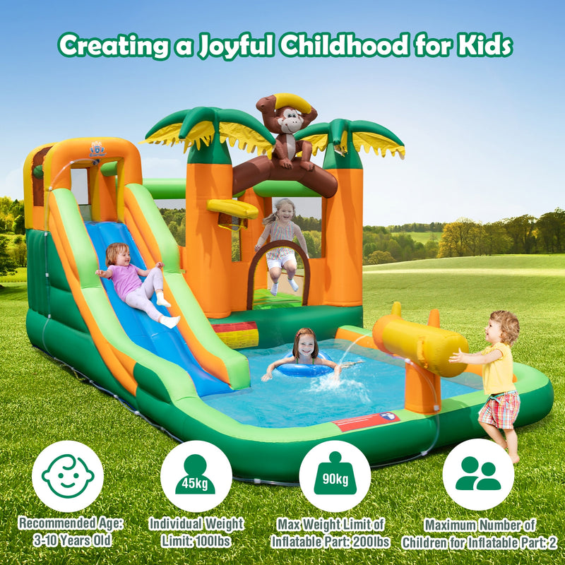 Monkey-Themed Inflatable Water Slide with Jumping Area and Pool with 680W Blower