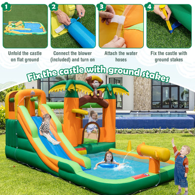 Monkey-Themed Inflatable Water Slide with Jumping Area and Pool with 680W Blower