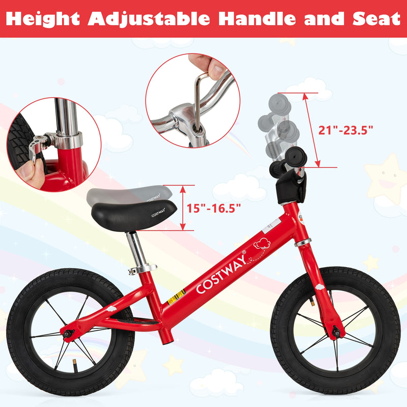 12 Inch Toddler Balance Bike with Height Adjustable Handlebar and Seat-Red