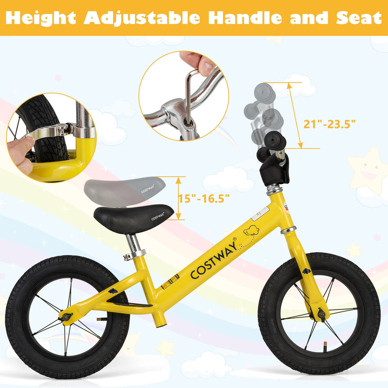 12 Inch Toddler Balance Bike with Height Adjustable Handlebar and Seat-Yellow