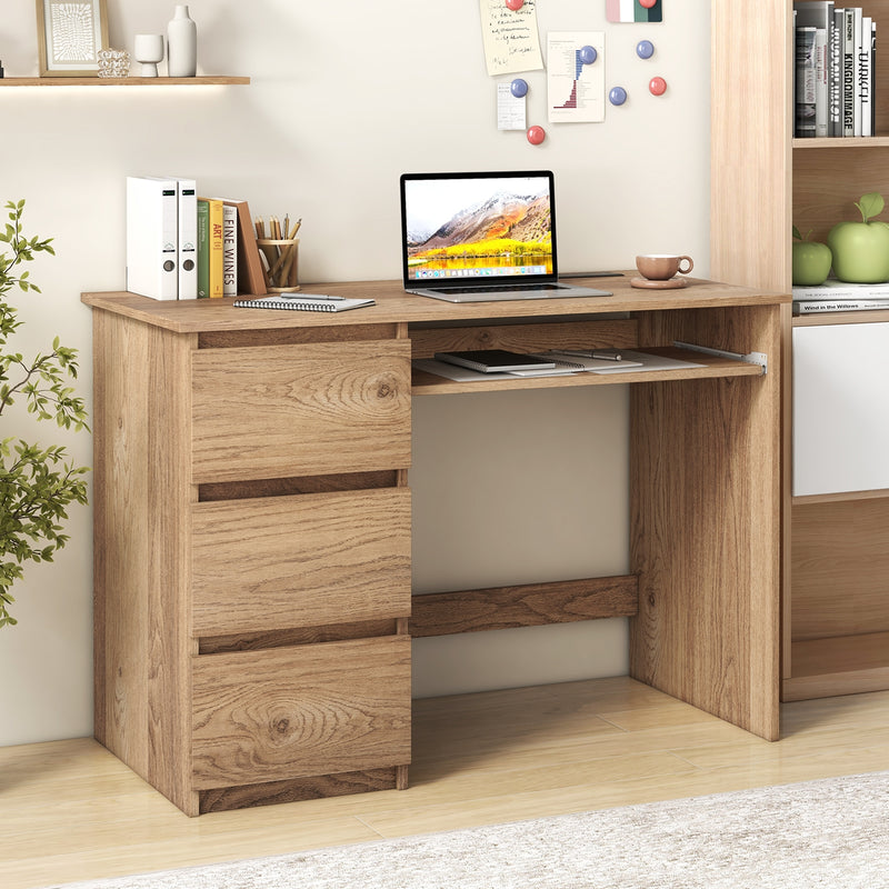 Computer Desk with Power Outlet Keyboard Tray and 3 Large Drawers-Natural