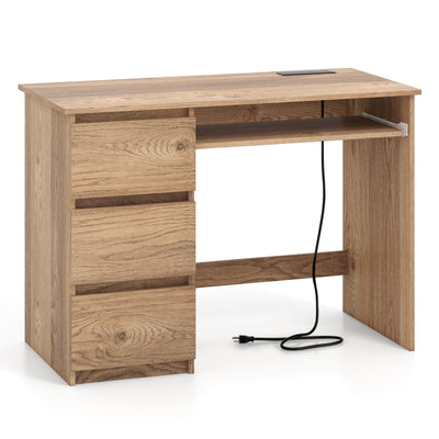 Computer Desk with Power Outlet Keyboard Tray and 3 Large Drawers-Natural