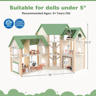 Wooden Corner Dollhouse Playset with 6 Rooms and 36 Pieces for Kids 3+ Years Old-Green