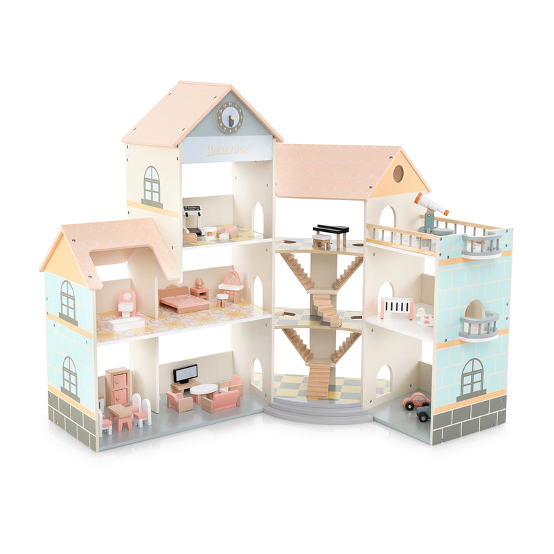 Wooden Corner Dollhouse Playset with 41 Pieces of Accessories for Kids 3+ Years Old-Orange