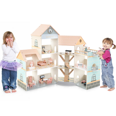 Wooden Corner Dollhouse Playset with 41 Pieces of Accessories for Kids 3+ Years Old-Orange