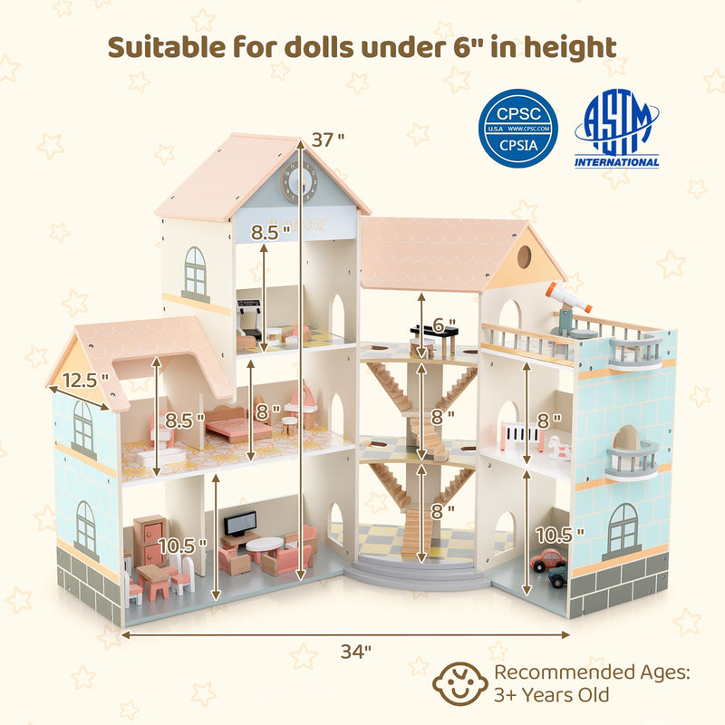 Wooden Corner Dollhouse Playset with 41 Pieces of Accessories for Kids 3+ Years Old-Orange