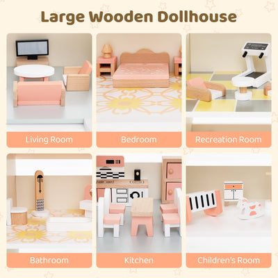 Wooden Corner Dollhouse Playset with 41 Pieces of Accessories for Kids 3+ Years Old-Orange