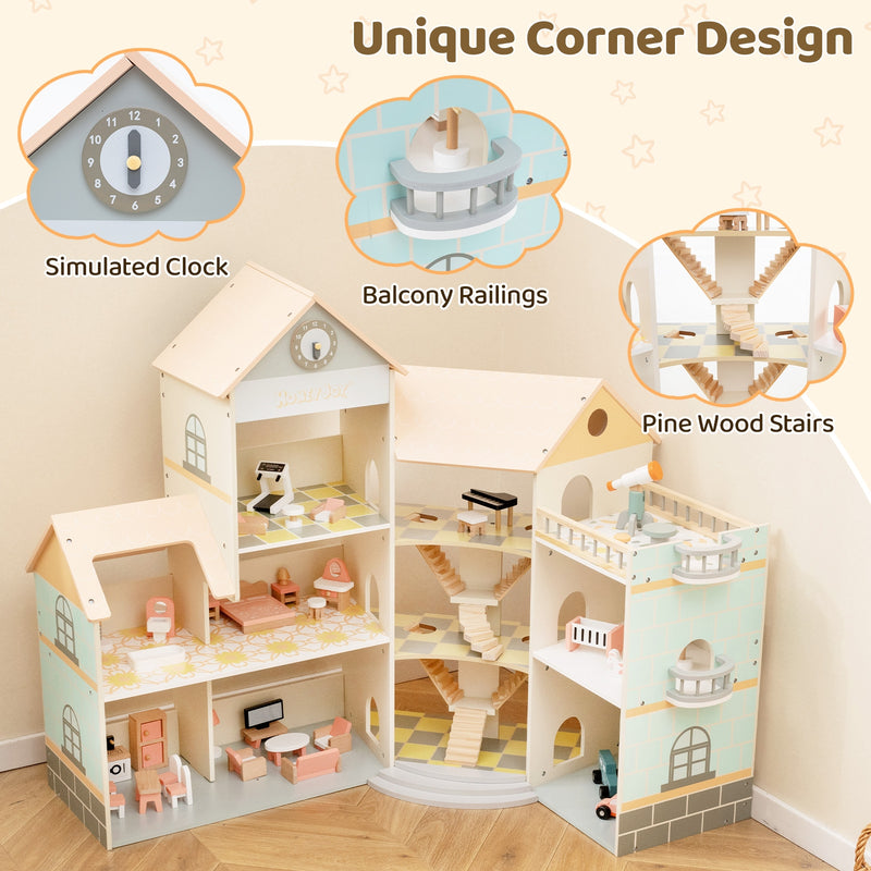 Wooden Corner Dollhouse Playset with 41 Pieces of Accessories for Kids 3+ Years Old-Orange