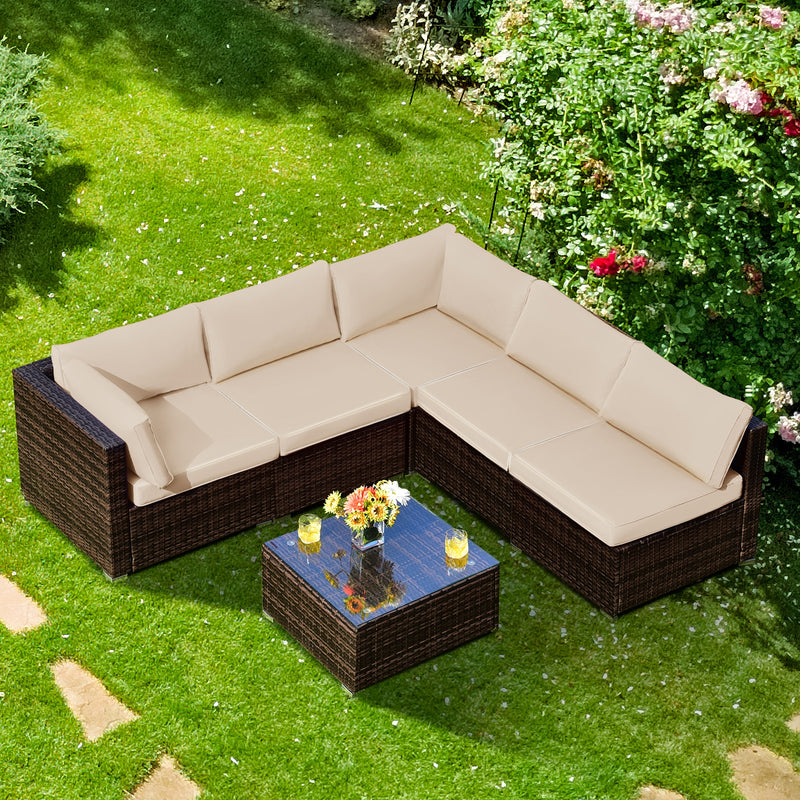 6 Pieces Patio Rattan Furniture Set with Cushions-Brown