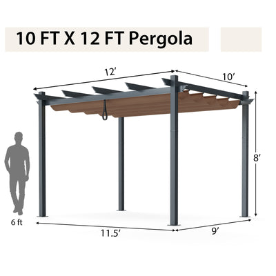 10 x 12 Feet Outdoor Aluminum Retractable Pergola Canopy Shelter Grape Trellis-Coffee