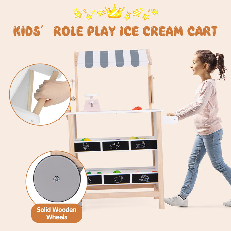 Kids Wooden Ice Cream Cart with Chalkboard and Storage for over 3 Years Old-White