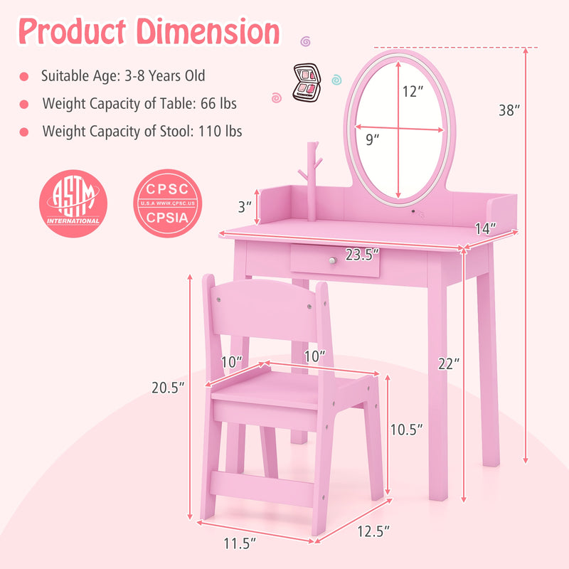 Kids Vanity Set with Lighted Mirror-Pink