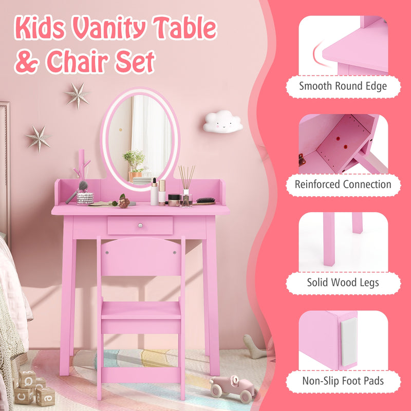 Kids Vanity Set with Lighted Mirror-Pink