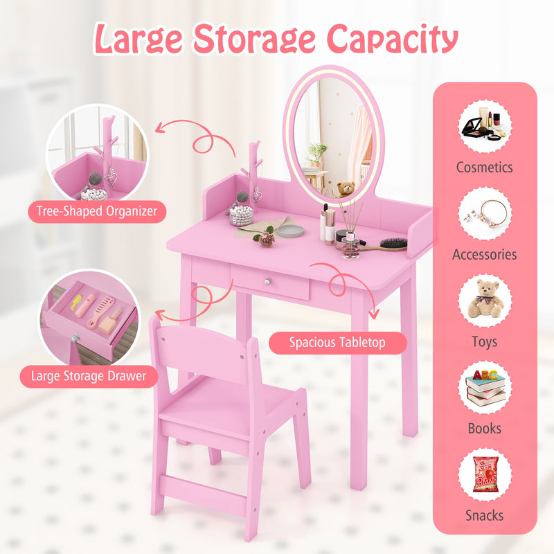 Kids Vanity Set with Lighted Mirror-Pink