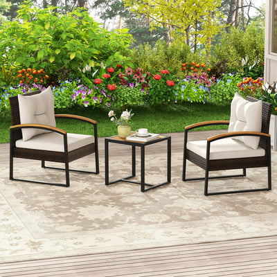 3 Piece Patio Conversation Set with Solid Acacia Wood  Armrests and Tabletop-White