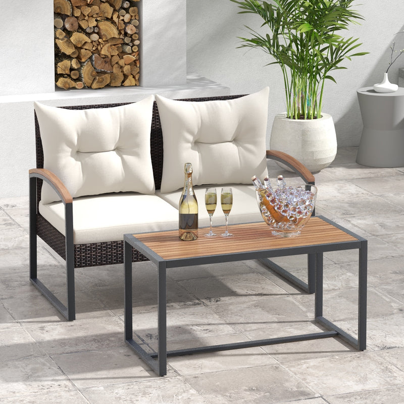 2 Pieces Patio PE Wicker Furniture Set with Acacia Wood Coffee Table-White