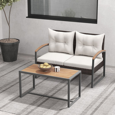 2 Pieces Patio PE Wicker Furniture Set with Acacia Wood Coffee Table-White