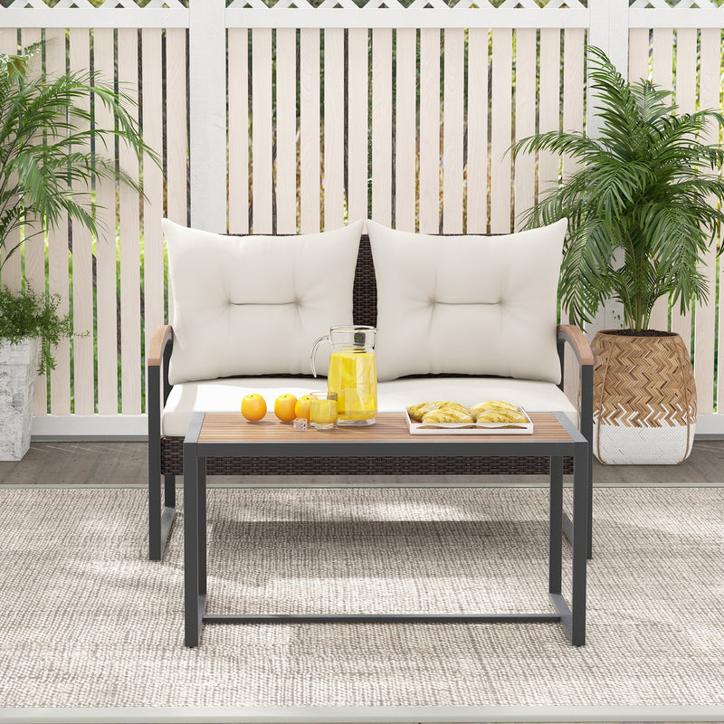 2 Pieces Patio PE Wicker Furniture Set with Acacia Wood Coffee Table-White