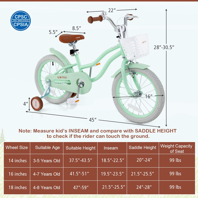 16 Inch Kids Bike with Adjustable Seat and Bell for Kids 3-8 Years Olds-16 inches