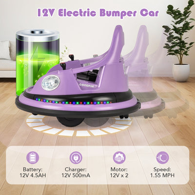 12V Kids Ride On Bumper Car with Remote Control and Dual Joysticks-Purple