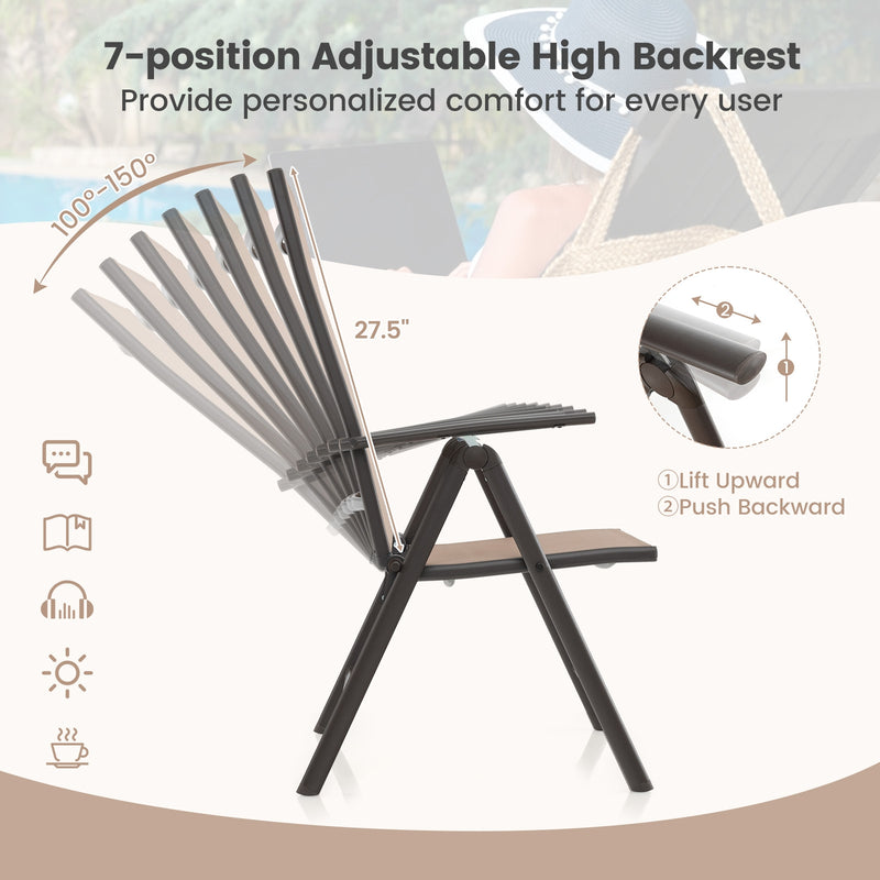 1 Piece Patio Folding Dining Chairs with 7-Level Adjustable High Backrest-Coffee